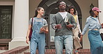 Friends, walk and leave college with conversation, smile and opinion for higher education curriculum. Happy, people and students outdoor at university with discussion, learning and bonding on break.
