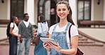 Face, university student and happy woman with tablet for education, future scholarship and course. Outdoor, smile or person at college with tech for upskill, academic opportunity or youth development