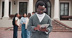 Happy, man and typing at college with tablet, website and online registration for higher education. Student, black person and outdoor on campus with tech, research curriculum or university enrollment