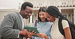 Talking, college and students on tablet outdoor for results, grades and feedback for group project. Happy, university and people on tech with good news for studying, education and learning on campus