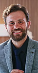 Face, smile and man in company with tablet, financial compliance and scroll for economy news. Tech, happy person and worker in business with confidence, investment regulation and asset management