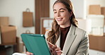Logistics, scroll and happy woman with laptop in small business, laugh or checking sales on website. Startup, info and person with smile, reading and stock inventory management for order fulfillment