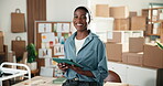 Fashion, face and happy woman with tablet in startup, logistics and laugh with online sales on web. Designer, portrait and black person with smile, inventory and ecommerce order in small business