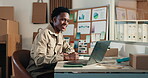 Happy man, laptop or writing in small business for logistics, distribution schedule or stock list. Entrepreneur, tech or black person in office for website update, email feedback or notes for service