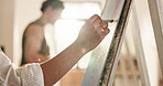 Hands, woman and painting in class with canvas, drawing and art creation for gallery showcase. Female person, artist and sketch in workshop with paint brush, artistic process and artwork masterpiece
