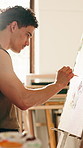 Man, painting and creativity in class with canvas, design project and learning for skill development. Artist, person and painter workshop in studio with people, diy hobby and brush for art creation.