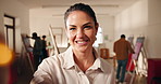 Face, woman and painting in class with paintbrush, drawing and art lesson for gallery showcase. Portrait, thinking or artist in session with pov, practice technique and artwork sketch for masterpiece
