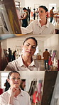 Painter, smile or college student in class with thinking, learning or inspiration in art lesson. POV, montage or woman with paint brush, craft reflection or creative development in university course.