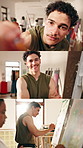 Painting, face and college student in class with smile, learning and skill growth with art lesson. POV, montage or man with arms crossed, artistic process or creative development in university course
