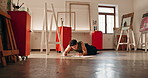 Man, artist and sketch on ground for art in studio, creativity and technique and skill in drawing. Person, pencil and concentration for artistic expression, talent and design process for artwork