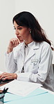 Woman, doctor and thinking with laptop in office for medical schedule, appointment or results. Female person, contemplation or healthcare worker with computer or documents for health report in clinic