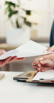 Writing, doctor and person with paperwork for prescription, consulting and referral for treatment. Healthcare, office and woman with documents, sick note or medication for patient wellness and health