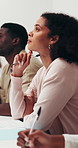 Woman, listening or staff in meeting conference for business discussion or presentation together. Female person, attention or pitch with speaker in company seminar for project strategy or development