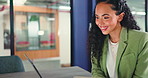 Happy, businesswoman and laptop in office with tablet, data collection or analysis for annual income. Analyst, person and smile in workplace with tech, reading sales report and company revenue stats.