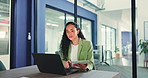 Businesswoman, research and laptop in office with tablet, check stock market or investment portfolio. Person, reading and investor in workplace with tech, online trading and website for planning.