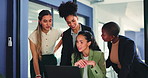 Meeting, creative and business women on laptop for feedback, campaign project and digital marketing. Office, team and people on computer for research, advertising and website insight for branding