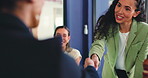 Women, handshake and applause in meeting with business deal, partnership or agreement for investment. Happy team, clap and shaking hands in office with b2b negotiation, finance acquisition and offer.