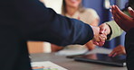 Handshake, deal and people in meeting with applause, business partnership and investment agreement. Team, clap and shaking hands in office with b2b negotiation, finance acquisition and collaboration.