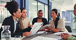 Finance, team and documents in meeting with tablet, discussion and data analysis for company expense. Business women, talk and paperwork in office with tech, financial planning and review cost stats.
