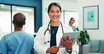 Doctor, face or happy woman with tablet for medical profession, help or assistance in hospital. Portrait, female person or healthcare worker with smile or technology for advice or treatment in clinic