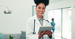 Doctor, face or happy woman with tablet in clinic for medical research, help or assistance. Portrait, female person or healthcare worker with technology or smile for schedule or report in hospital