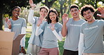 Volunteer, team and food drive in park with wave, outreach program and about us with charity donations. People, portrait and outdoor with smile for welcome, community service or social responsibility