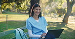 Woman, medical student and face in park with laptop, program selection and submit assignment. Happy, education and trainee nurse with tech for research, opportunity and apply for scholarship on bench