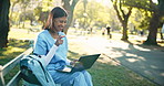 Woman, medical student and excited in park with laptop, program selection and submit assignment. Happy, education and trainee nurse with tech for research, typing and apply for scholarship on bench