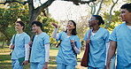 Nurse, students and walk with friends, outdoor and travel to university in nature or laugh together. Medical, education and happy people with backpack, healthcare and journey with funny conversation