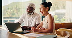 Senior, couple and laptop with paperwork for budget, retirement planning and finance data for bills. People, track online expenses and monitor annuity account for asset management with notes at home