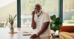 Contact, laugh and black man in home with phone call, connection and happy moment in remote chat. Digital, talking and mature person with tech, discussion and joke reaction in online communication.