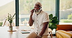 Contact, laugh and black man in house with phone call, connection and happy moment in remote chat. Digital, talking and mature person with tech, discussion and joke reaction in online communication.