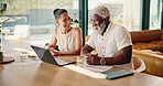 Senior, happy couple and laptop with discussion for budget, retirement plan and finance paperwork. People, track online expenses and monitor annuity account for asset management with chat at home