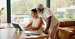 Senior, couple and laptop with discussion for retirement planning, review finances and bills. Happy people, track online expenses and monitor annuity account for asset management with typing at home