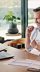 Laptop, remote work and man with celebration in home office for reward, financial bonus or target. Computer, mature freelancer and excited person with success, investment growth or fist pump for news