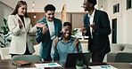 Team, applause and laugh with laptop in office, graphs and celebration for financial review on web. Business analyst, clapping and happy people with tech, collaboration and fist pump for good news