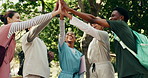 Medical, students and high five for support at college, university and studying for nursing program. Friends, campus and people in circle for success, achievement and exam for education outdoor