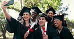 Happy, friends and diploma selfie for graduation, degree completion and event vlog for memory. People, graduate or photo with scroll for PHD ceremony, profile picture or funny face for shared success