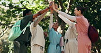 Medical, students and high five for support at university, nursing school and studying for development. Friends, campus and people in circle for success, achievement and bonding for education outdoor