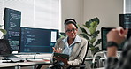 Coding, woman and tablet in office for advice, technical guidance or system knowledge for bug trace. Coworking team, happy mentor or tech screen for pull request, peer review hub or developer support