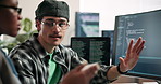 Computer, screen or man in meeting for code review, refine design or mobile prototype for app launch. Office, developer and tech for interface development, teamwork or examine functionality on tablet