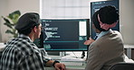 Meeting, team and computer screen in office for code review, ui or mobile prototype for app design. Dashboard, developer or collaboration for site development, examine functionality or user interface