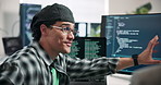 Code, man or computer screen in office for advice, technical guidance or system knowledge for ui. Dashboard, happy mentor or tech at desk for app interface, frontend development or developer teamwork