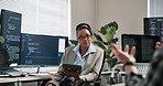 Programming, woman or tablet in office for advice, code review or share knowledge for bug trace. Coworking team, mentor or tech screen for pull request, logic debate or developer support in debugging