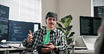 Coding, man or tablet in office for advice, technical guidance or system knowledge for bug trace. Coworking team, mentor or tech screen for software error, programming or developer tips for debugging
