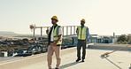 Men, help and ladder on construction site for building, renovation teamwork and walk on rooftop. Workers, steps and support at worksite with carry, infrastructure expansion and maintenance project