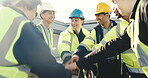 Stack, success and construction team with hands together for progress, building development and win. Clap, men and woman as engineer, electrician and supervisor with motivation, solidarity or goals