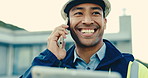 Architect, talking or tablet with phone call on construction site for building inspection or safety. Male person, contractor or civil engineer talking with technology for architecture maintenance