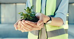 Engineer, closeup and hands with plant, outdoor and sustainable on construction site or restoration. Eco friendly, building and person with green development, civil engineering and natural growth