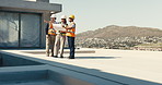 People, architect and team with blueprint for construction planning or building renovation together. Laborer, civil engineer or contractor with layout for safety inspection or maintenance on space
